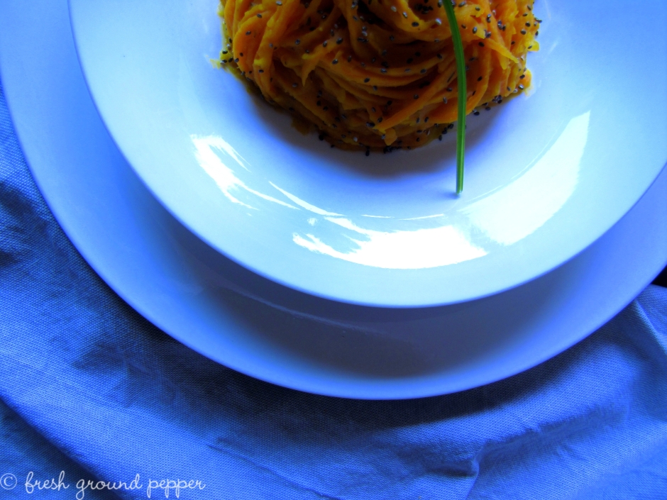 raw carrot noodles in creamy butternut squash sauce from freshgroundpepperblog.wordpress.com